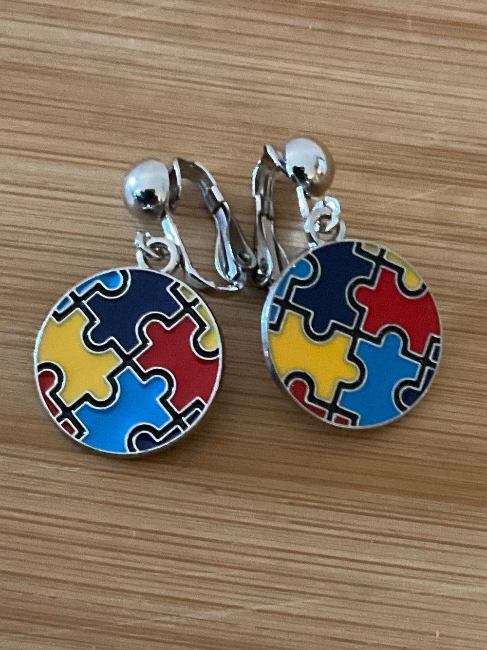 Hand Crafted Autism Charm Clip on Earrings Blue Red Yellow